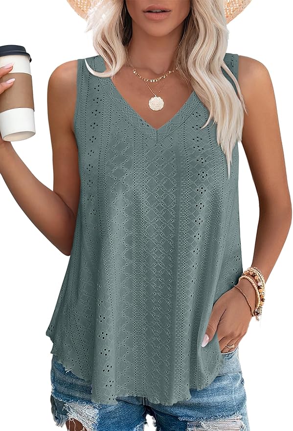 OFEEFAN Womens Tank Tops V Neck Sleeveless Flowy Loose Fit Basic Casual Summer Tops
