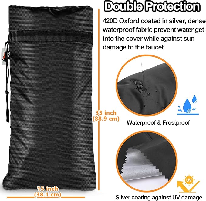 Extended Outdoor Faucet Cover for RV Park Water Hydrant Insulated, 3M Thinsulate Insulation Sprinkler Freeze Protector for Winter & Summer, 35”H x 15”W for Garden Lawn Faucets & Yard Hydrant - Black