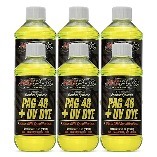 HCPRO PAG 46 UV Dye A/C Compressor Oil – High-Viscosity Leak Detection Lubricant for Auto A/C Systems, Professional-Grade PAG 46 Lubricant for Compressor Protection & System Maintenance (6)