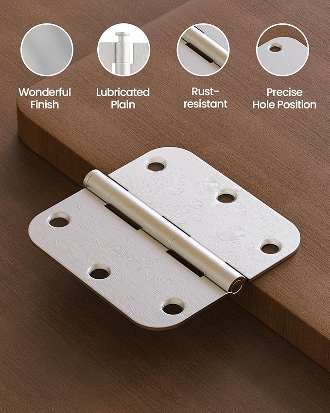 Door Hinges Brushed Nickel - 48 Pack 3.5 Inch Rounded with 5/8" Radius Satin Nickel Door Hinges for Interior and Exterior Doors - Heavy Duty 3 1/2" Silver Residential Door Hardware