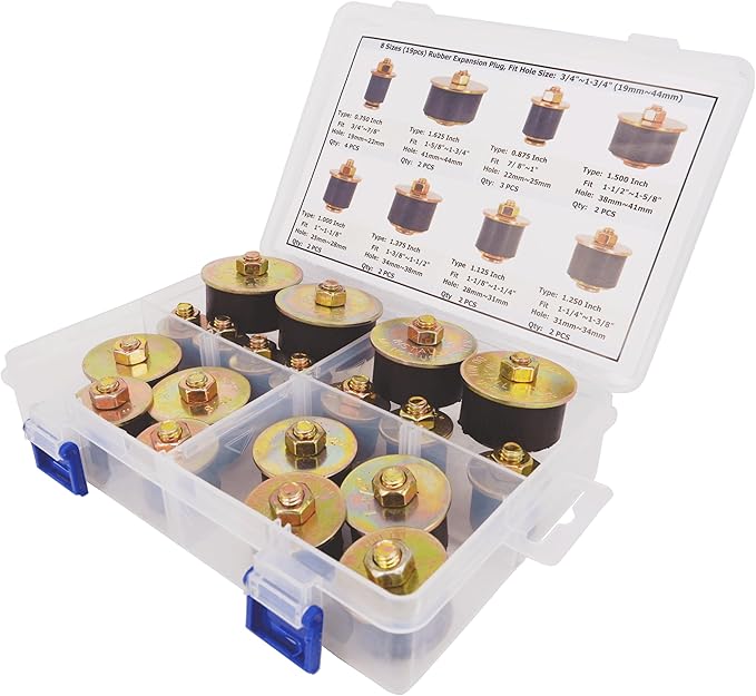 8 Sizes (19pcs) Neoprene Rubber Expansion Plug 3/4" 7/8" 1" 1-1/8" 1-1/4" 1-3/8" 1-1/2" 1-5/8", Automotive Rubber Freeze Frost Plug Fit Hole Size: 3/4"~1-3/4" (19mm~44mm)