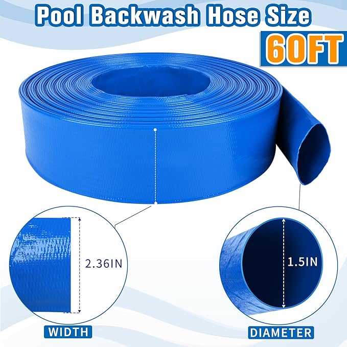 1.5 IN x 60FT Pool Backwash Hose Heavy Duty Drain Discharge Double PVC Layflat Hose with 2 Clamps, Weatherproof Burst Resistant for Water Transfer, Sump Pump, Pool Filter, Pool Drain (18.3M, Blue)