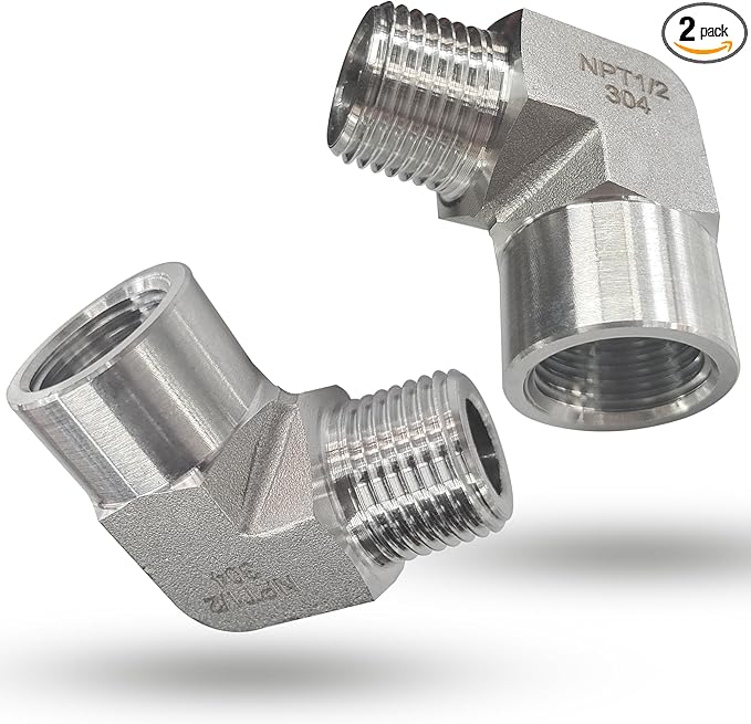2pcs 90 Degree Street Elbow, 304 Stainless Steel Forged Barstock Street Elbow Adapter, Heavy Duty 5800PSI 1/2" NPT Female x 1/2" NPT Male Pipe Fitting Connecto (1/2" MNPT x 1/2" FNPT)