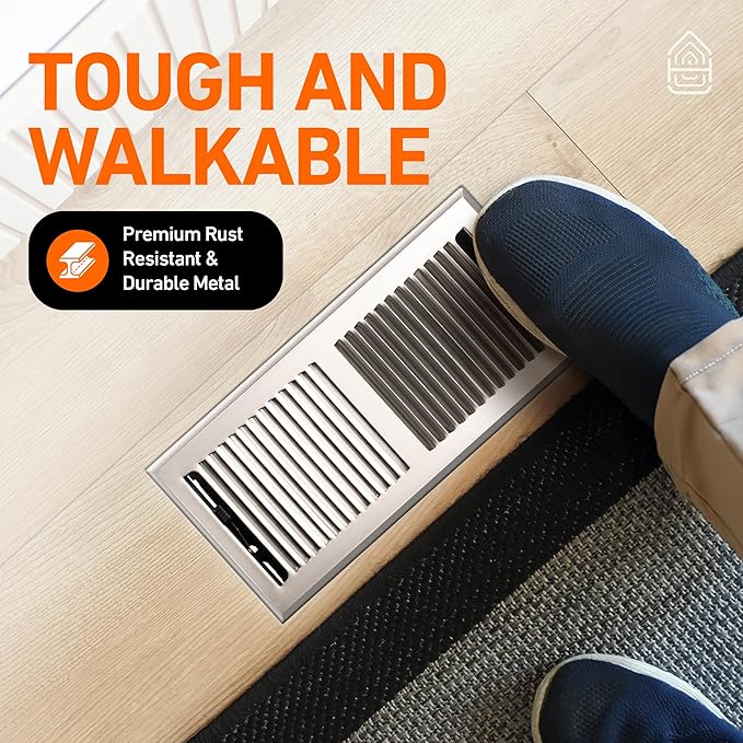 4X10 Floor Vent Covers Floor Register with Mesh Cover Trap, Heat and Air, Walkable Metal Floor Vent for HVAC Duct, Contemporary, Satin Nickel