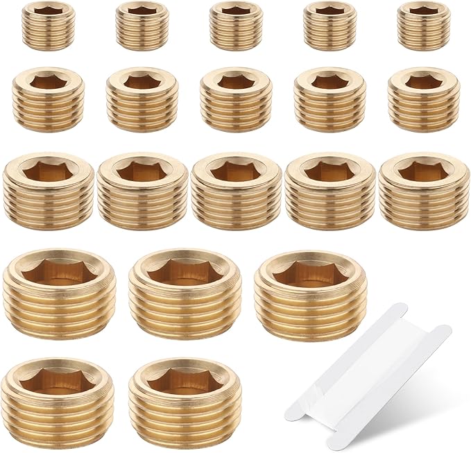 20 PCS Brass Pipe Plug 1/8" 1/4" 3/8" 1/2" NPT Plug Internal Hex Thread Socket Fitting Assortment Kit