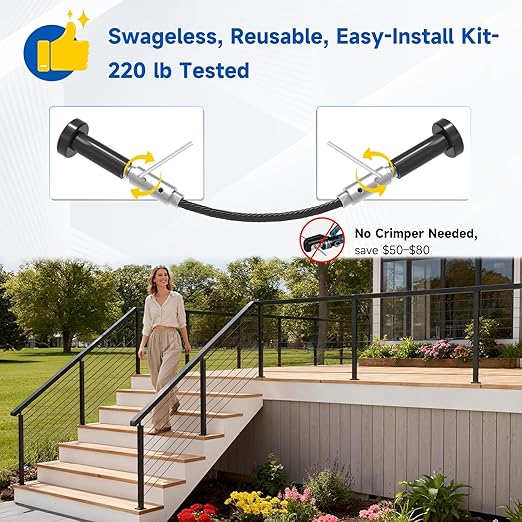 Upgraded 2-12FT Swageless Black Stair Cable Railing Post Kit 36 Inch, 2 Heavy-Duty T304 Stainless Steel Post Fit 28-38 Degree Stairway, Patent Reusable Terminal, Outdoor Finish(No Handrail)