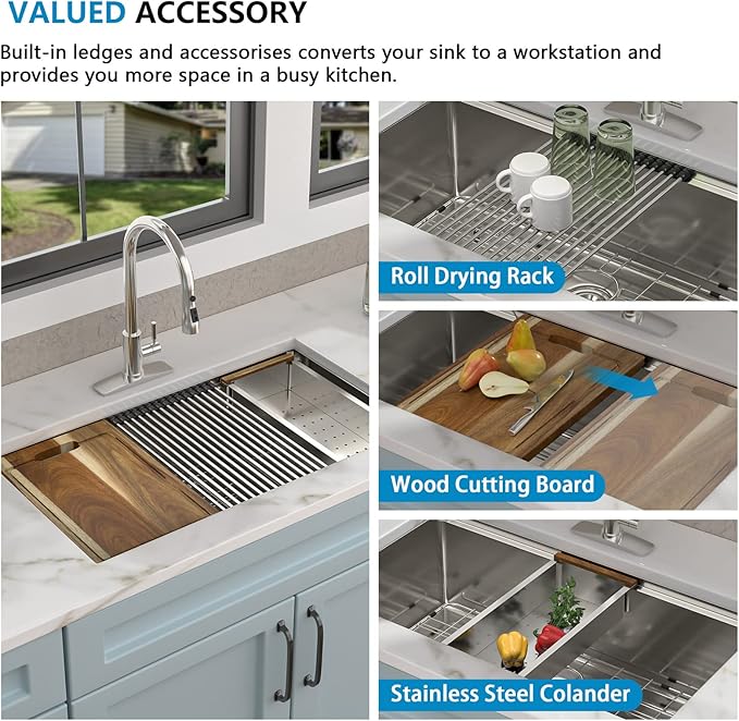 33 Undermount Kitchen Sink - Fulorni 33"x19" Kitchen Sink Ledge Workstation 16 Gauge 304 Stainless Steel Under Counter Single Bowl Basin
