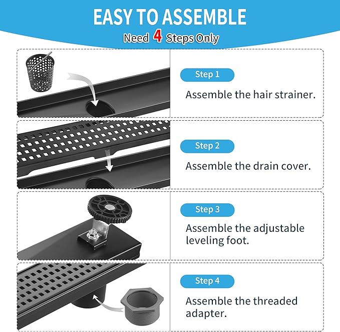 Linear Shower Drain 36 Inch Rectangular, SUS-304 Stainless Steel Black Shower Drain, 51L/Min Fast Drainage Floor Linear Drain, US Standard CUPC Certified, Matte Black, SD-112-36B