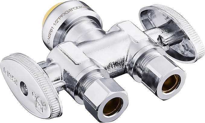 (Pack of 2) EFIELD Push Fit 1/2" x Dual 3/8" OD Compression Straight Stop Valve 1/4 Turn with a Disconnect Clip Tool,(PF-VALVE039-2PCS)