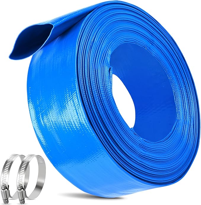 MYFAMIREA 2.5 IN x 30 FT Pool Backwash Hose Heavy Duty Drain Discharge Double PVC Layflat Hose with 2 Clamps, Weatherproof Burst Resistant for Water Transfer, Sump Pump, Pool Filter, Drain (9.2M,Blue)