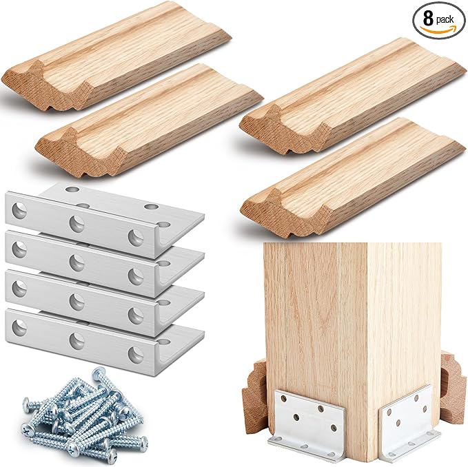 Blulu 1 Set 3" Newel Post Mounting Kit 4 Pcs L Bracket Metal Post Anchor with 4 Pcs Red Oak Wood Trim Deck Base Fasteners for Fastening Handrails Balustrades to Stairs and Floors