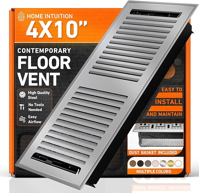 Home Intuition Contemporary Floor Vent Covers 4X10 Inch Floor Register with Mesh Cover Trap Heat and Air Walkable Metal Floor Vent for HVAC Duct, Light Grey