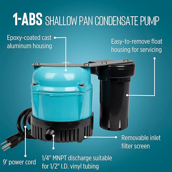 Little Giant 1-ABS 115-volt, 1/150 HP, 205 GPH Automatic Shallow Pan Condensate Removal Pump for Ceiling Mounted Air Conditioners or Dehumidifiers, Black/Blue, 550521