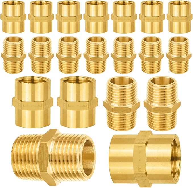 20-PCs HeSun Brass Pipe Fittings Combo, 10-PCs 1/2" NPT Male + 10-PCs 1/2" NPT Female Hex Nipple Adapter