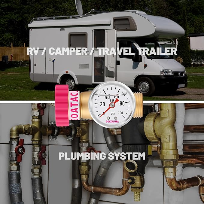 Water Pressure Regulator, Lead-Free Brass Pressure Reducer, 40-50psi, 3/4" Hose, with Gauge and Filter Screen, for Camper Travel Trailer RV Plumbing System