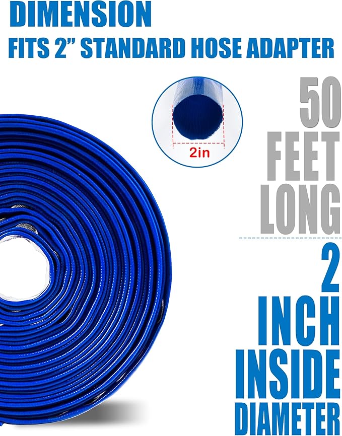 ZYfire Pool Backwash Hose with 2 Clamps - 2" x 50 FT PVC Lay Flat Discharge Hose Heavy Duty Reinforced Pool Hose Weather and Burst Resistant for Pool Drain, Sump Pump, Pool Filter