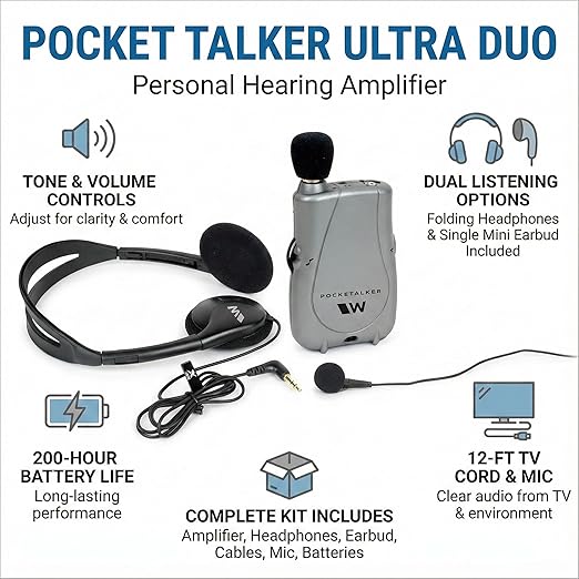 Pocket Talker Ultra Duo — Personal Hearing Amplifier with Folding Headphone & Single Mini Earbud, Mic & 12‑ft TV Cord, 200‑Hr Battery, Tone & Volume Controls