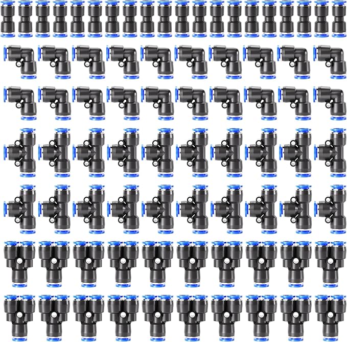 TAILONZ PNEUMATIC 1/4 Inch od Push to Connect Fittings Pneumatic Fittings Kit 20 Spliters+20 Elbows+20 tee+20 Straight (80 pcs)