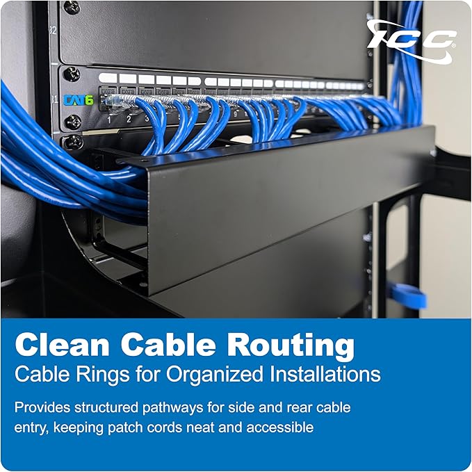 ICC 2U Ring Cable Manager Panel with Cover, Metal, 3" D-Rings, Horizontal Cable Management, Rackmount for 19” Network Racks, Black, Single Pack