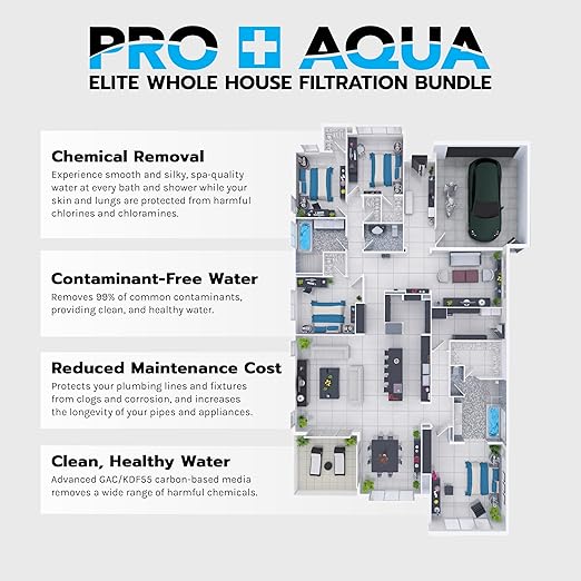 PRO+AQUA Elite 5-Stage Whole House Water Softener and Filter Bundle System for Well Water | Reduces Heavy Metals, Iron, Sulfur, Sediment, Chlorine, and More | Ideal for 3-4 Bathrooms (+ RO System)