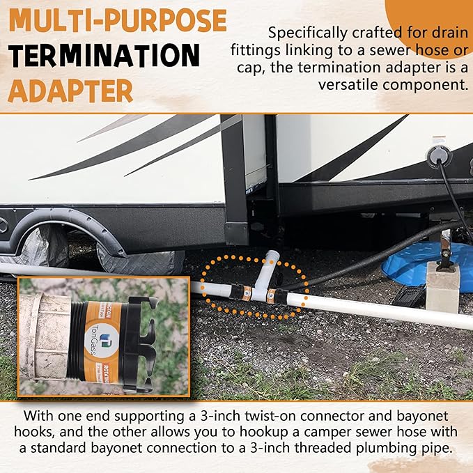 TonGass (2 x Combo Pack, Black) RV Sewer Pipe Adapter, 3" Rotating Rigid Bayonet Adapter with Male Thread & Hooks, Termination Fitting with 3" Bayonet & Hub, RV Sewer Hose Connector for Waste Disposal