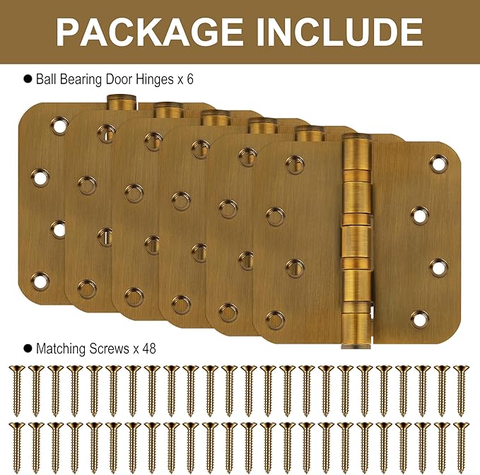 6 Pack 4" Heavy Duty Door Hinges with 5/8'' Radius Corner, 4in x 4in Stainless Steel Door Hinges for Exterior & Interior Doors, Smooth and Quiet (Brass)