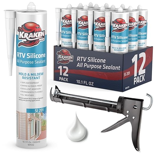Kraken Bond White Silicone Sealant Waterproof% 100-10 fl oz Cartridge - RTV Silicone Caulk Kitchen and Bathroom, All Purpose, Window Caulking Sealant Outdoor Exterior Use Silicon, Gun Incl - 12 Pack