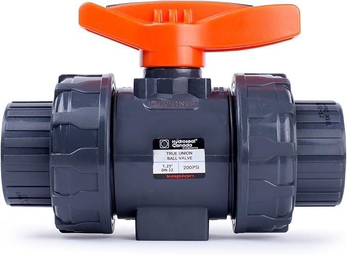 HYDROSEAL Kaplan 1 1/4" PVC True Union Ball Valve with Full Port, ASTM F1970, EPDM O-Rings and Reversible PTFE Seats, Rated at 200 PSI @73F, Gray, 1 1/4 inch Socket (1 1/4")