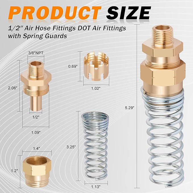 4 Pack 1/2 Hose x 3/8” Male Connector Air Brake Hose Fitting with 8 Pack Fitting Sleeve Tube, Brass DOT End Fitting for Air Brake Systems