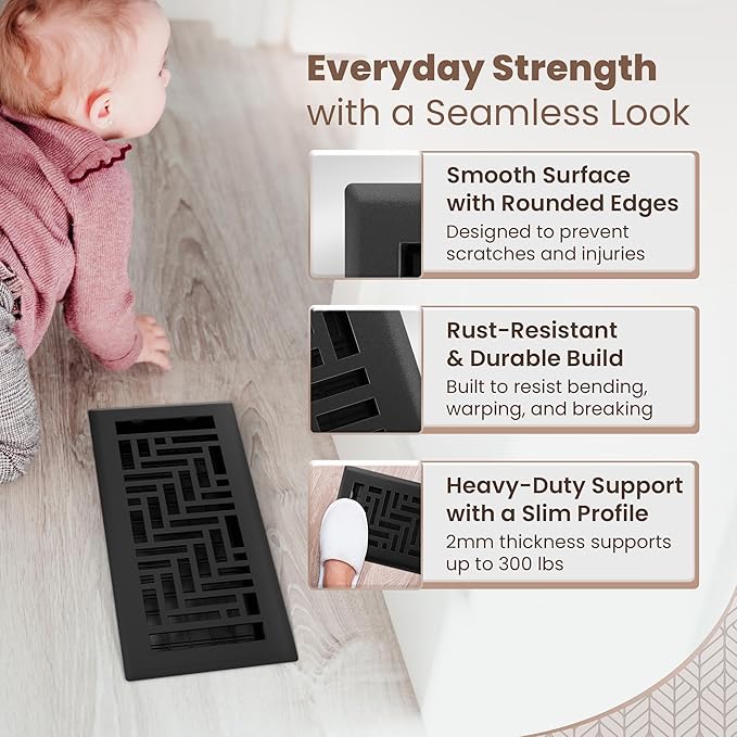Floor Register 4x10 Vent Cover – Heavy-Duty Steel, Rustproof & Walkable Grates, Easy Drop-in Install, Adjustable Air Supply Switch - Decorative Herringbone Design, Textured Black