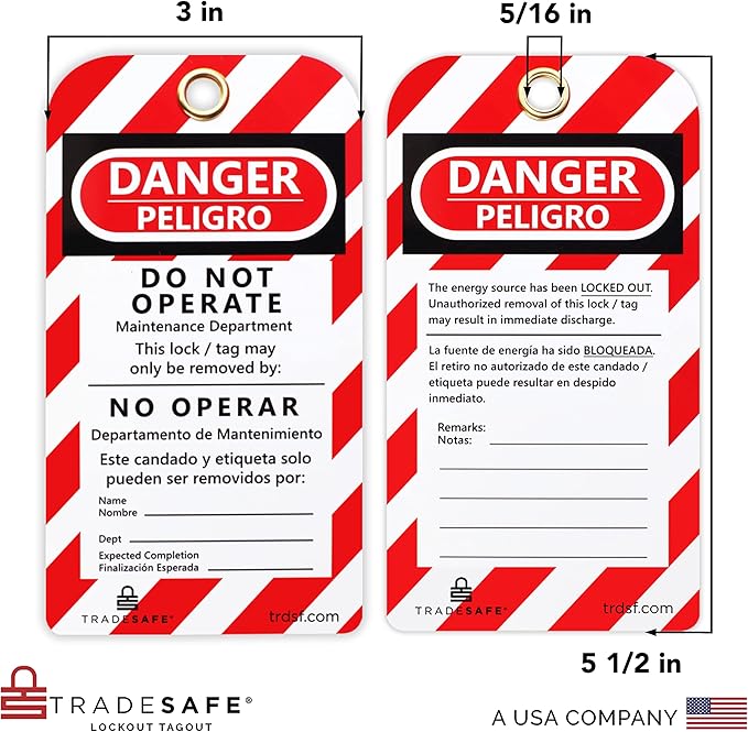TRADESAFE Bilingual Lockout Tagout Tags - Peligro No Operar, 30 Danger Do Not Operate Tag with 30 Zip Ties, Premium 32 mil Vinyl, OSHA Compliant Loto Tags for Lock Out Tag Out, Equipment Repair