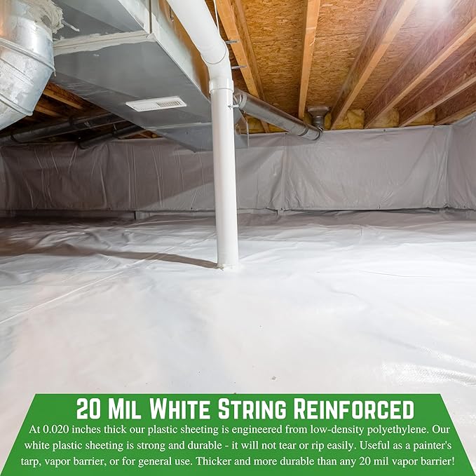 Farm Plastic Supply - Crawl Space Vapor Barrier - 20 mil - White Heavy Duty Plastic Sheeting - Thick Polyethylene Film, Drop Cloth Vapor Barrier Covering for Crawlspace and Basement (6' x 25')