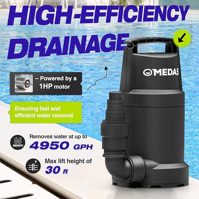 MEDAS Portable Sump Pump for Swimming Pool, Garden Pond, Basement Water Removal with 10ft Power Cord 1HP