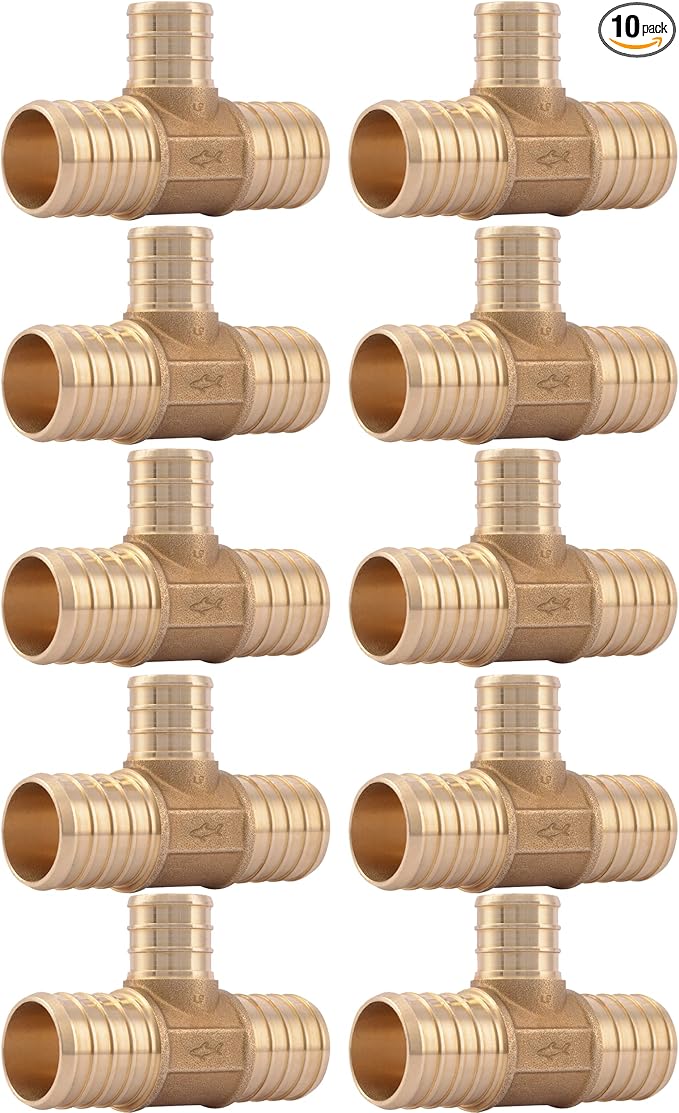 SharkBite 1 Inch x 1 Inch x 3/4 Inch Crimp Reducing Tee, Pack of 10, Brass Plumbing Fitting, PEX Pipe, PE-RT, UC416LF