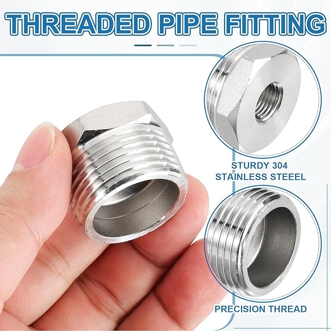 PATIKIL 304 Stainless Steel Reducer Hex Bushing 2 Pcs, 1" BSPT Male to 1/4" BSPT Female Pipe Reducing Adapter Fitting Connector for Water Gas Hydraulic Pipes Shower Hose, Silver