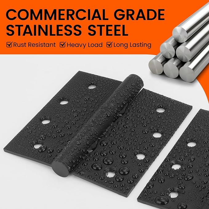 Haidms 304 Stainless Steel Matte Black 4'' Door Hinges for Exterior Doors Ball Bearing Door Hinges 4in x 4in with Square Corners, Heavy-Duty, 6PACK