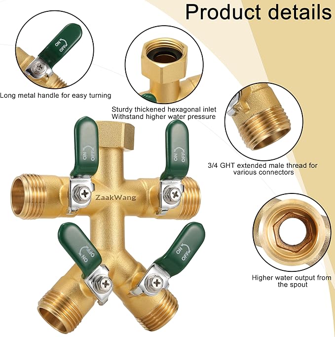 Garden Hose Splitter, 4-Way Full Flow Outdoor Faucet, Heavy Duty Brass Hose Manifold Wiht Green Long Handle, High Flow Faucet Adapter, 3/4-Inch GHT