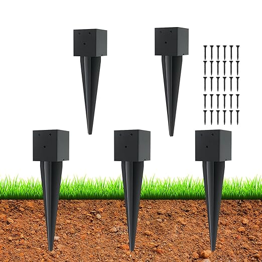 5 Pcs 4"x4" Fence Post Anchor Ground Spike,(Internal 3.6"x3.6"),Metal Post Stake Ground 16" with Black Powder-Coated,Fence Stakes Post Base for Deck,Fence,Porch,Railing,Mailbox