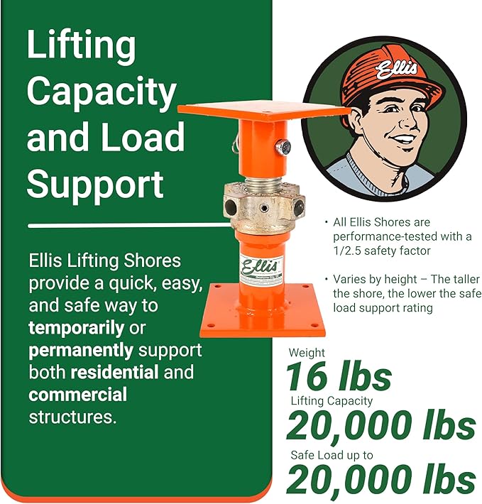 Ellis Manufacturing Light-Duty Steel Lifting Shore – House Jack for Foundation Leveling, Concrete, Beams, and Basement – 20,000 lb Safe Load Capacity – 10"-14" Adjustment