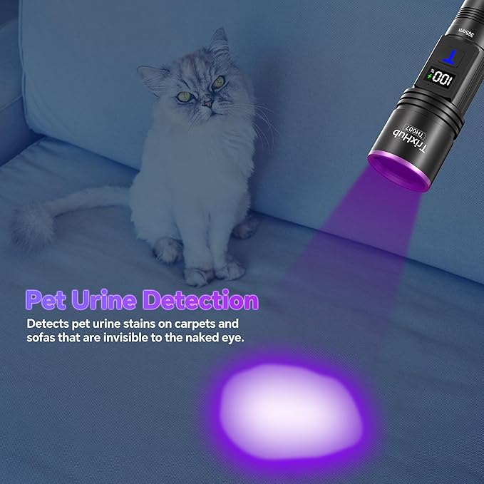365nm Black Light Flashlight, UV Flashlight Rechargeable with LCD Display, Powerful Ultraviolet Lights for Pet Urine Detection, Resin Curing, Blood Tracking, Scorpion, Uranium Glass, A/CLeak