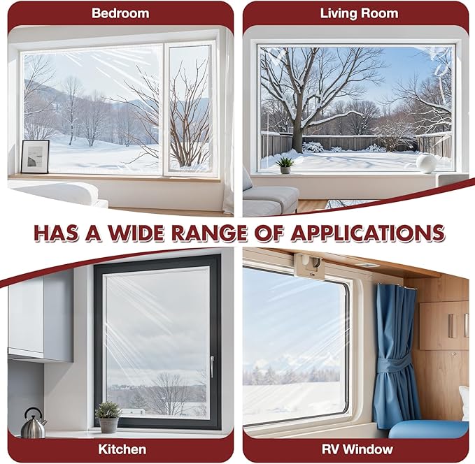 Window Insulation Kit – 63" x 394" Rolled Shrink Film with Double-Sided Tape for Up to 10 3' x 5' Windows, Window Plastic for Winterizing, Easy to Install & Energy Saving