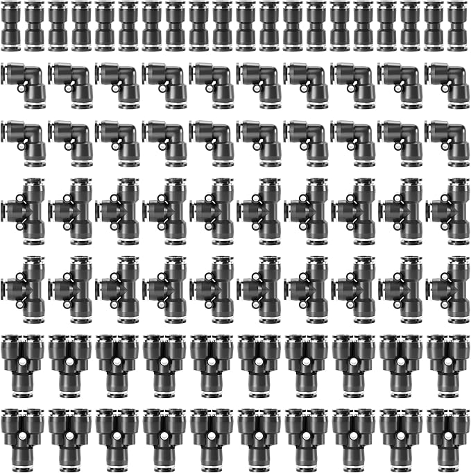 TAILONZ PNEUMATIC Black 1/4 Inch od Push to Connect Fittings Pneumatic Fittings Kit 20 Spliters+20 Elbows+20 tee+20 Straight (80 pcs)
