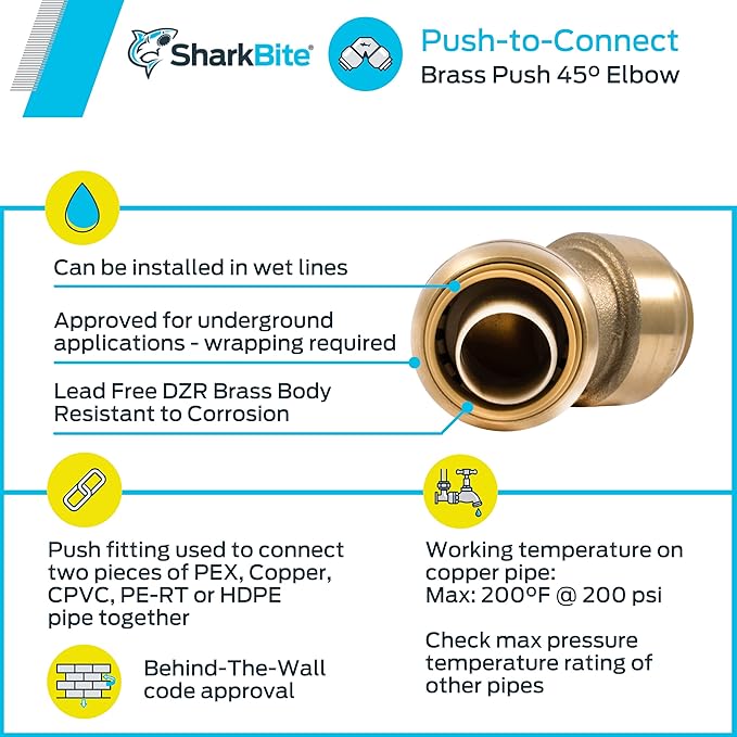 SharkBite 3/4 Inch 45 Degree Elbow, Push to Connect Brass Plumbing Fitting, PEX Pipe, Copper, CPVC, PE-RT, HDPE, U656LFA