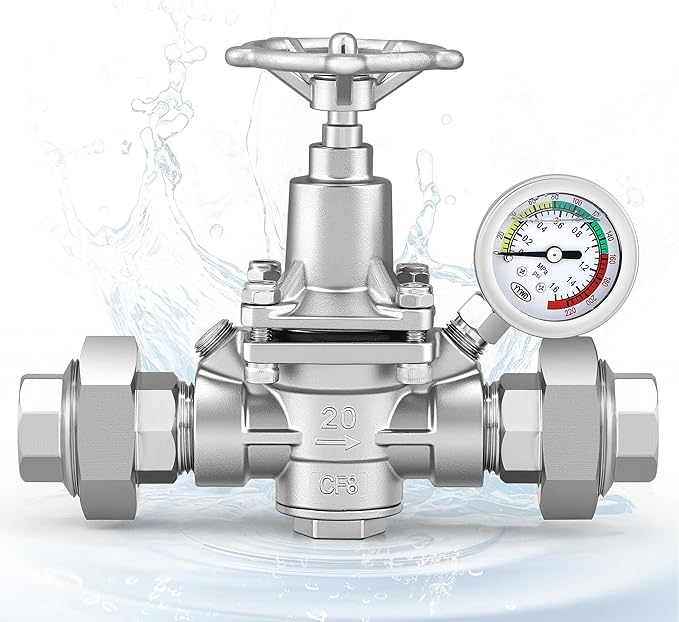 Water Pressure Reducing Valve 3/4 NPT Female Union, Stainless Steel, Pressure Gauge, Handwheel Adjustment