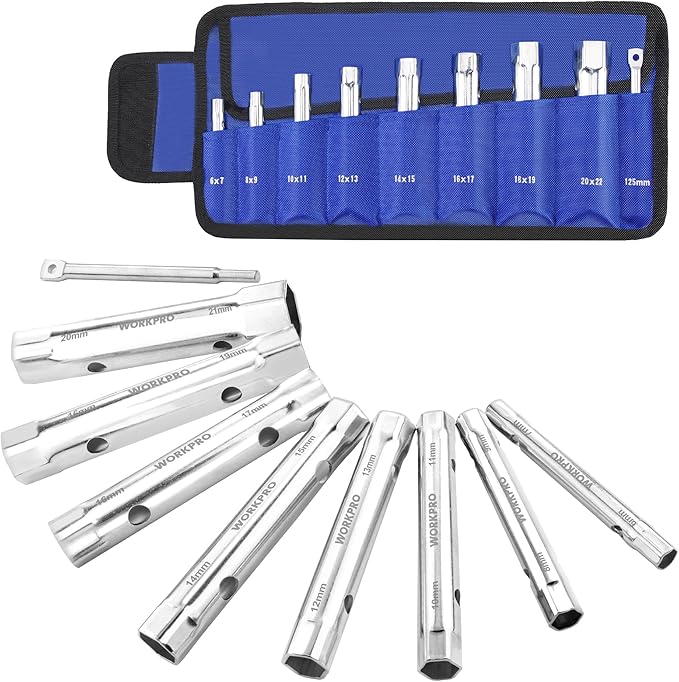 WORKPRO 9-Piece Shower Valve Socket Wrench Set with Bar Handle, for Bathroom Removal of Tub and Shower Valves, Home Plumbing Repairs, Double-Ended, Storage Bag Included
