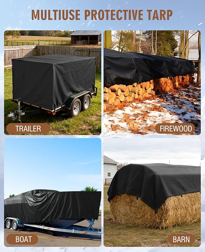 HIRALIY 20 Mil Heavy Duty Waterproof Tarp, 12x15ft Black Tarpaulin with Reinforced Webbing Loops, Multipurpose Oxford Fabric Tarp for Firewood, Roof, Camping, Pool