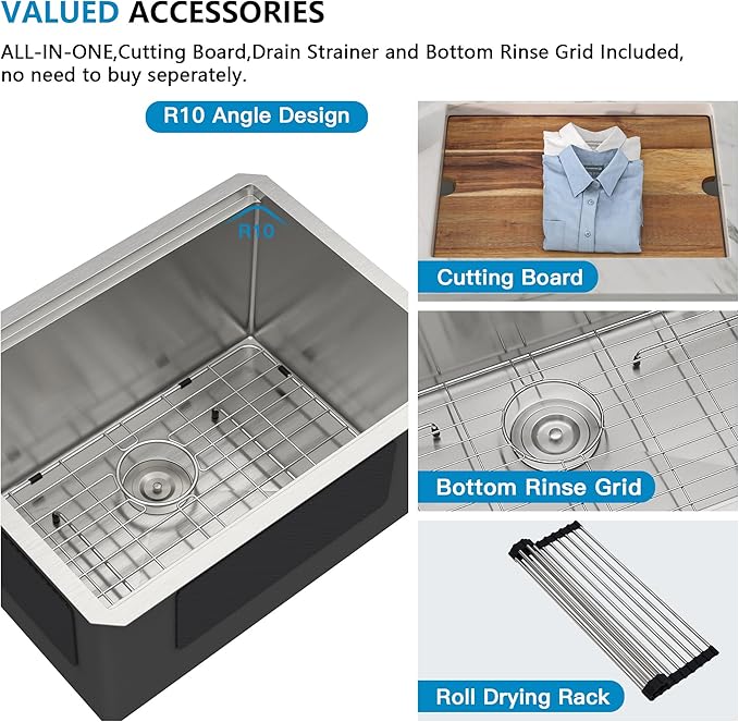 23"x19" Undermount Laundry Utility Sink Workstation – 16 Gauge 304 Stainless Steel, 13 Inch Deep Single Bowl Under Counter Sink Basin for Laundry Room, RV or Utility Use