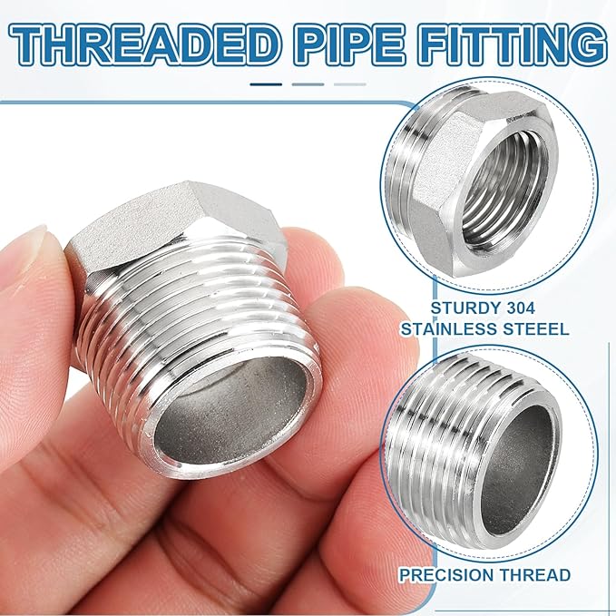 PATIKIL 304 Stainless Steel Reducer Hex Bushing 2 Pcs, 3/4" BSPT Male to 1/2" BSPT Female Pipe Reducing Adapter Fitting Connector for Water Gas Hydraulic Pipes Shower Hose, Silver