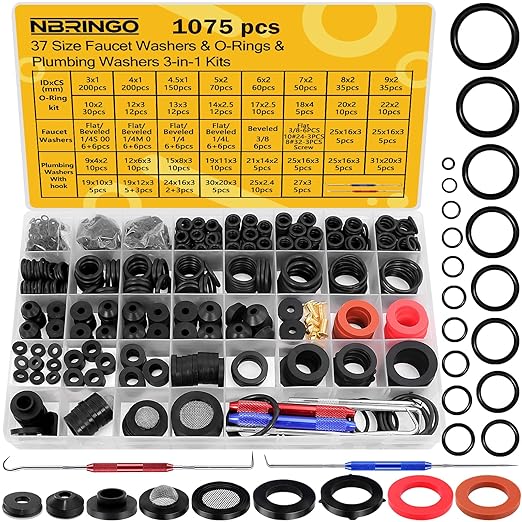 1075 PCS 37 Sizes 3-in-1 Universal Plumbing Repair Kit Includes O-Rings, Faucet Washers & Sealing Gaskets to Fix Leaky Faucets, Hoses, Spigots, Plumbing Fixtures with Pick Hook