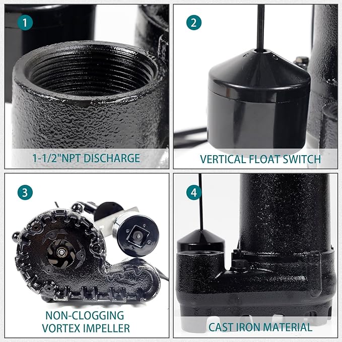 WASSERMANN 1/2HP 3600GPH Cast Iron Submersible Sump Pump with Vertical Float Switch,1-1/2"NPT Discharge Sewage Pump with 10FT Cord for Basement, Sump Basin, Sewage Well